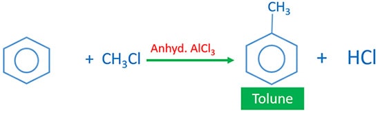 benzene and chloromethane with anhydrous aluminium chloride